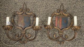 Pair of French Shield form Painted Iron Sconces, having two arms each and blue and red fleur-de-lis paint decoration, height 15 inches, width 12 1/2 i