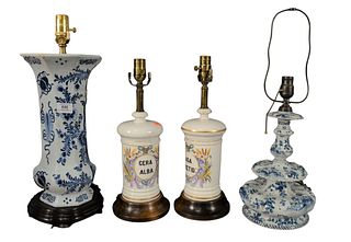 Four Piece Group of Table Lamps, to include a pair of ceramic apothecary jars on wooden bases; along with two Delft table lamps, one marked 'Italia' t