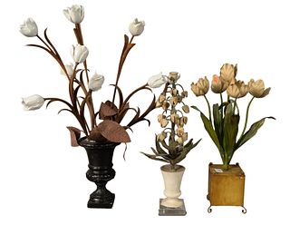 Three Piece Group of Painted Tole and Flowers, to include arrangement with tole flowers and one with porcelain flowers; along with one candlestick mou