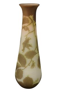 Large Emile Galle Cameo Vase, having green leaf decorations, marked "Galle" in cameo along the base, height 16 inches.
