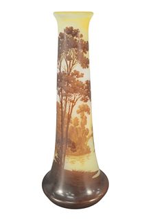 Large Galle Cameo Glass Vase, having etched river landscape, signed "Galle" height 18 3/4 inches.