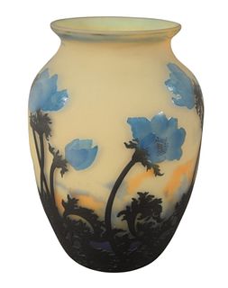 Muller Freres Large Yellow Cameo Vase, having blue floral decoration, inscribed "Muller Fres. Luneville" in cameo, height 13 inches.