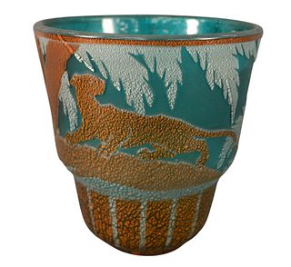 Large Muller Freres Luneville Blue and Yellow Mica Decorated Vase, having tiger motif, height 10 1/2 inches, diameter 10 1/4 inches.