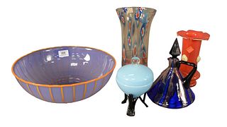 Five Piece Group of Czech Art Glass, to include a blue and black decanter; a light blue covered vessel; a tall vase with blue and red details; an oran