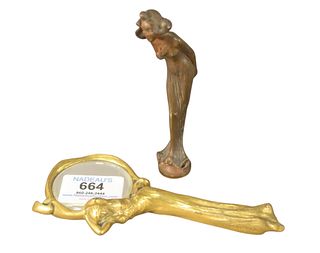 Two Piece French Group, to include an Art Nouveau style was seal in the form of a female, 5 inches; along with a miniature desk mirror, length 6 inche