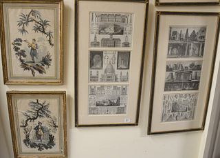Nine Piece Framed Group, to include two European coats of arms charts; two hand-colored engravings with Asian scenes, signed P.C. Canot, along with fi