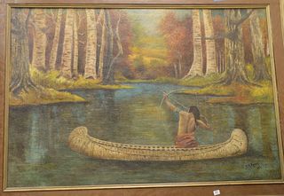 James H. Keys (American, 20th century), Native American in a canoe, oil on board, signed and dated lower right "J.H. Keys, 1924", height 45 inches, wi