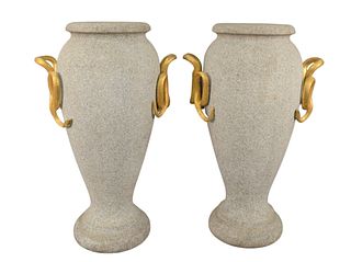 Pair of Stone Urns, having gilt bronze snake handles, height 22 inches.