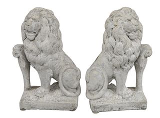 Pair of Cast Cement Garden Lions, height 21 inches, width 12 inches.