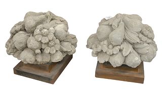 Pair of Cement Garden Groups of Fruit and Flowers, on iron bases, height 13 inches.