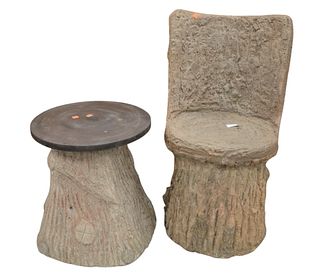 Faux Bois Stone Chair and Table, chair height 29 1/2 inches, table height 17 1/2 inches.