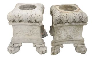 Pair of Marble Planters, having claw feet, height 19 inches, top 15" x 15", one foot missing..