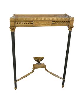Pair of Bronze Console Tables, having classical panel on fluted legs, and urn and ram finial and inset marble tops, height 34 1/2 inches, width 24 inc