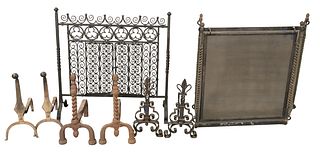 Three Pairs of Iron Andirons, along with two fire screens, heights 18, 20 and 20 inches.