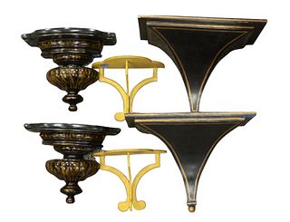 Three Pairs of Painted Wood Bracket Shelves, largest pair: height 12 inches, width 16 inches, depth 10 inches.