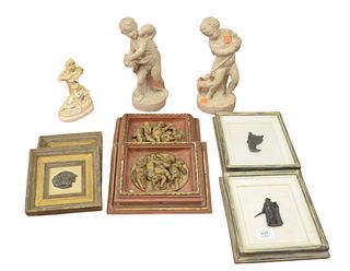Nine Piece Group of Grand Tour Items, to include a pair of framed carved puttis; a pair of framed metal hammered crown forms; a pair of framed cameo s