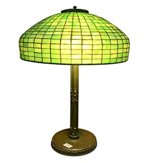 Tiffany Studios Leaded Green Glass Table Lamp, geometric pattern shade on Indian patinated bronze base, marked 'Tiffany, New York, 528' edge of shade 