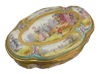 Meissen Porcelain Covered Box, having painted scene of Harlequin, gilt metal mounted cover having cross sword mark on bottom, length 3 3/4 inches.