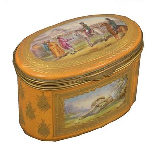 Sevres Porcelain Covered Box, having painted Napoleon scene on cover, marked Madrid Mre Imp de Sevres, having gold painted interior, height 2 inches, 