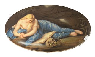 Painted Porcelain Oval Plaque Depicting The Pentient Magdalene, unmarked, height 9 1/2 inches, width 14 inches.