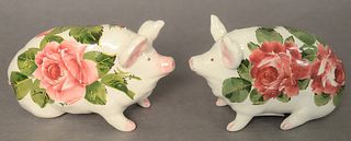 Pair of Wemyss Porcelain Pigs, having hand-painted rose motif to each, marked 'Wemyss' to the underside, height 4 inches, width 6 inches.