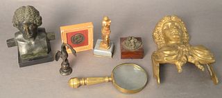 Seven Piece Lot of Grand Tour Items, to include two busts, a brass magnifying glass, brass reproduction of the Venus de Milo, small bronze of babies, 