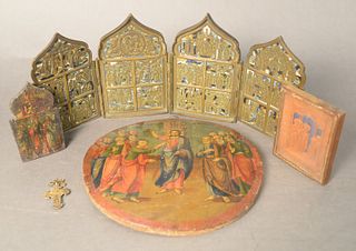 Four Piece Group, to include a Russian gilt four paneled folding enameled table top screen having New Testament scenes, along with three painted icons