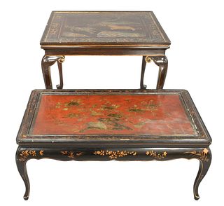 Two Chinese Lacquered Tables, to include one card table, height 26 inches, top 29" x 31"; along with a coffee table, height 18 inches, top 22" x 38".