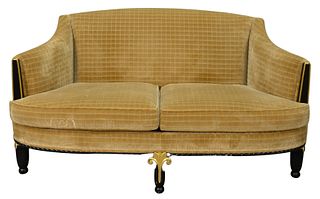 Custom Ebonized Settee, having velvet upholstery and gilt highlights, height 33 inches, length 60 inches.