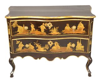 Italian Two Drawer Commode, chinoiserie decorated, set on cabriole legs, height 30 inches, width 42 inches, depth 21 inches.