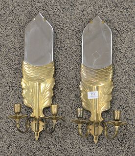Pair of Chapman Brass and Mirrored Glass Two Candle Light Wall Sconces, having leaf design, marked 'Chapman' to the reverse, height 19 inches, width 5