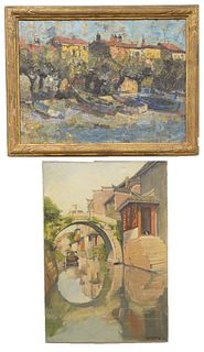 Three Piece Group of European Landscapes, to include a canal view, oil on canvas, signed lower right; an impressionist dock scene, unsigned, (as is wi