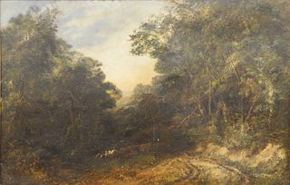 Continental School (19th century), horse and cart in a landscape, oil on glue lined canvas, unsigned, 26 1/4" x 40".
