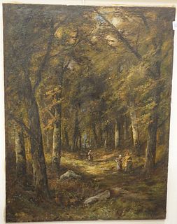 Continental School (19th century), Women on a Wooded Path, oil on relined canvas laid on board, unsigned, 40" x 30".