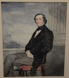 American School (19th century), seated portrait of a gentleman in a landscape, watercolor on paper, unsigned, sight size 14 3/4" x 11".