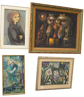 Four Piece Group to include a portrait of a girl, oil on canvas, signed indistinctly lower left; portrait of Robinhood, oil on Masonite, signed 'Hayle