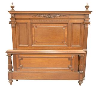 Victorian Mahogany Double Sized Bed, having original rails, total height 71 inches, widest width 68 inches, interior width 54 inches.