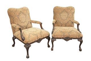 Pair of Library Chairs, having open arms, height 39 inches, seat height 20 inches, width 29 inches.