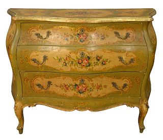 Venetian Style Commode, paint decorated, having three drawers with bombay sides and front, height 37 inches, width 50 inches, (small chips).