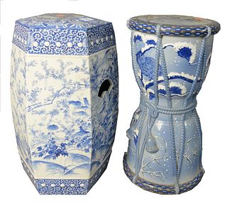 Two Japanese Ceramic Blue and White Garden Seats, Tsutsumi Taiko drum form having rope and tassel form with owl and floral motif, along with blue and 