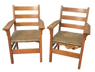 Three Piece Lot, to include pair of Mission oak armchairs, height 36 inches, width 25 inches, depth 18 inches; along with a small mission oak desk, he