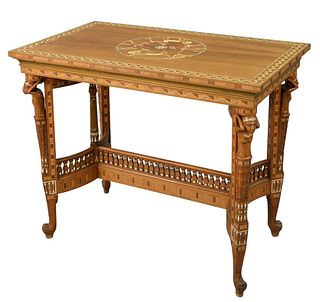 Egyptian Revival Center Table, having carved female supports and claw feet, with various inlays, height 32 inches, top 24" x 39".