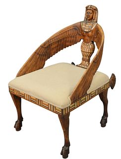 Egyptian Revival Armchair, having mother of pearl, bone, and various wood inlays, along with upholstered cushion, height 36 inches, width 22 inches, d