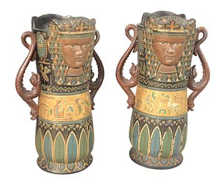 Pair of William Schiller and Son, Austria, Egyptian Revival Style Ceramic Vases, both marked to the underside, height 11 inches, width 5 1/2 inches.