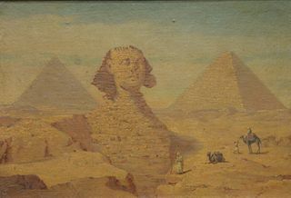 Miner Kellogg (American, 1814 - 1889), Sphinx and Pyramids at Cheops and Cyphrene, Egypt, oil on board, signed and dated lower right "MK Kellogg 1870"