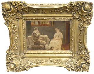 Albert Friedrich Schroder (German, 1854 - 1939), interior scene with a man and woman, oil on panel, signed lower right: Schroder, 7 1/4" x 10".