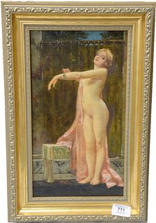 James Hagaman (American, 1866 - 1946), female nude in her dressing room, oil on glue lined canvas, signed lower right "J. Hagaman", 13 1/2" x 7 1/2".