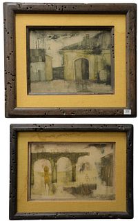 Paolo Rissone (Italian, b. 1925), two geometric landscapes, oil on board, both signed and dated lower right: Rissone '71; 11 1/2" x 17 1/4" and 13" x 