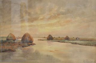 Louis Kinney Harlow (American, 1850 - 1913), Haystacks by a River, watercolor on paper, signed lower right: Louis K. Harlow; sight size 19 1/4" x 29".