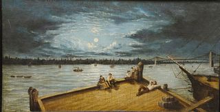 American School (early 20th century), New York Pier scene, oil on canvas, unsigned, 16" x 30".